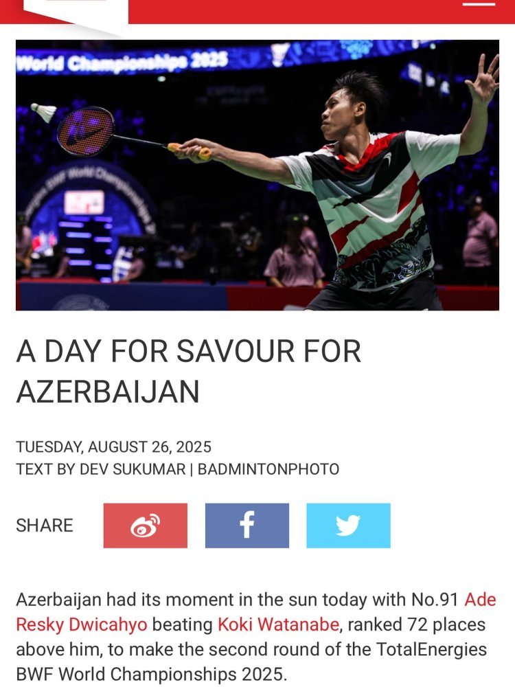 Dünya Badminton Federasiyası (BWF) Edinin qələbəsindən yazdı!